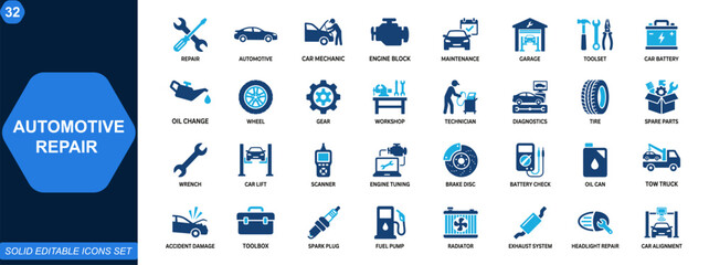 Automotive repair and car maintenance icon set. Mechanic tools, engine service, vehicle support, garage equipment, battery, oil change, wheel and gear. Editable icons collection. Vector. © aura studio