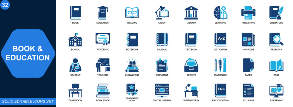 Book and Education Icon Set. Reading, study, library, learning, publishing, literature, academic research, school resources, knowledge management. Editable icons collection. Vector.