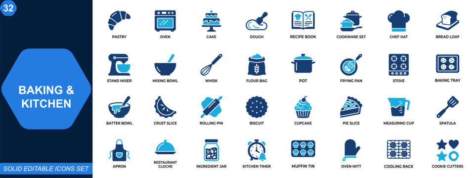 Baking and kitchen icon set. Cooking, pastry, utensils, oven, dough, cake, recipe, cookware, restaurant, culinary tools. Editable icons collection. Vector.