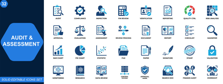 Audit and assessment icon set. Audit, compliance, inspection, financial review, verification, reporting, quality control, risk analysis, approval workflow, documentation. Editable icons collection. 