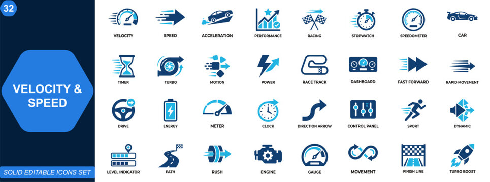 Velocity and speed icon set. Stopwatch, racing car, acceleration, performance, timer, motion, power, turbo boost, speedometer dashboard. Editable icons collection. Vector.