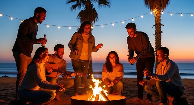 Amigos aproveitando a fogueira na praia ao p&ocirc;r do sol com bebidas