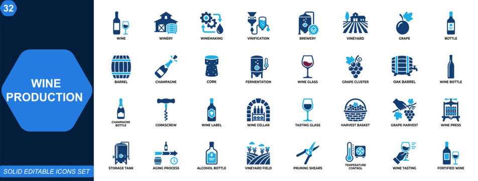 Wine production and brewery icon set. Winemaking, winery, vinification, grape harvest, barrel aging, champagne, cork, bottle, alcohol industry. Editable icons collection. Vector.