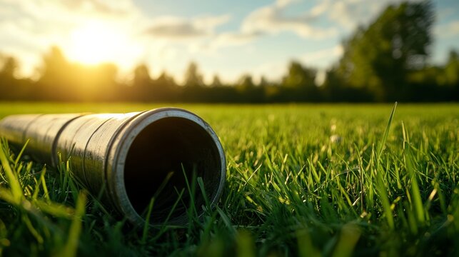 Rolling pipe in a sunlit green field nature photography tranquil environment close-up viewpoint outdoor concept for seo impact