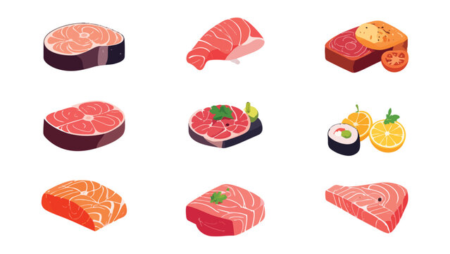 Set of vector food icons featuring assorted sweets, sushi, seafood, meat, fruit, pizza, bread, and cheese in a clean isolated gourmet illustration style