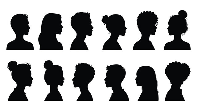 Silhouette vector icon set of women and men profile avatars and faces