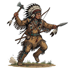 Fototapeta premium Native American Warrior Charging in Action with Weapons