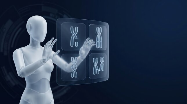 AI Robot Analyzing Chromosome DNA Genetic Data on Transparent Screen 3d render