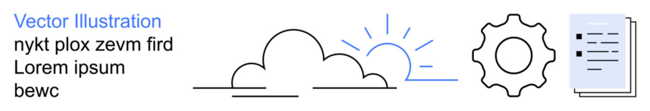 Technology workflow, cloud computing, system automation, digital documentation, innovation, data management. Minimalist elements include cloud, sun gear and document. Cloud computing and system