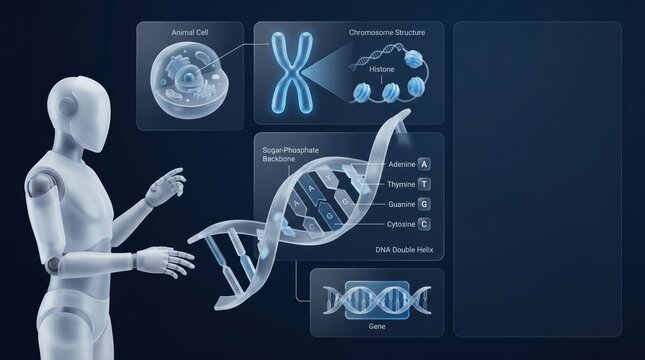 Robot presenting DNA double helix structure with genetic diagram on dark blue background 3d render