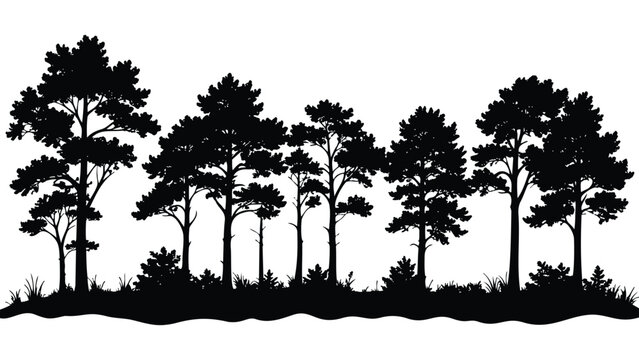 Silhouette vector illustration set of trees including palm pine oak birch and forest nature design