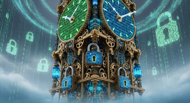 Ornate clock tower with blue and green clock faces, surrounded by digital locks and rain, symbolizing security and time