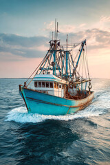Fototapeta premium Fishing trawler boat with blue hull navigates through ocean waters under a colorful sunset sky, showcasing fishing gear and equipment on deck