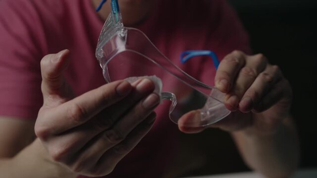 Close-up of healthcare worker hands cleaning and disinfecting transparent protective glasses with wet wipe to prevent spread of germs, viruses, infections. Shooting in slow motion.