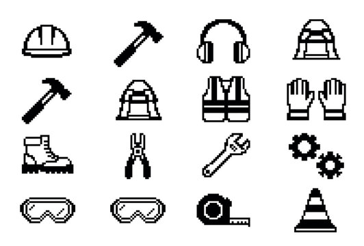 Black and white pixel art icon set showing construction safety equipment and work tools like a helmet, hammer, vest, and gloves in a retro 8-bit video game design