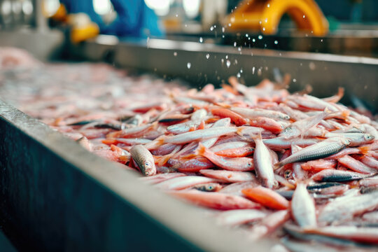 Freshly caught fish displayed in a large metal container with water splashing, showcasing various species in a seafood processing facility