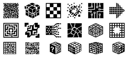 Fototapeta premium Set of black and white pixel art icons featuring cubes, QR codes, mazes, and abstract digital symbols for technology and gaming concepts, rendered in a minimalist 8-bit style