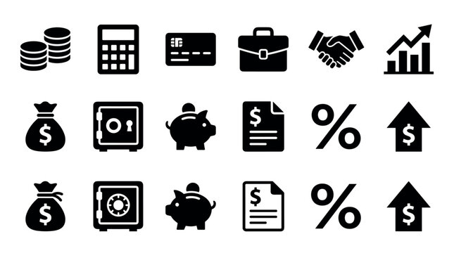 Black financial and business icon set collection with various simple glyphs for money, banking, investment, and commerce concepts in a minimalist flat vector style illustration