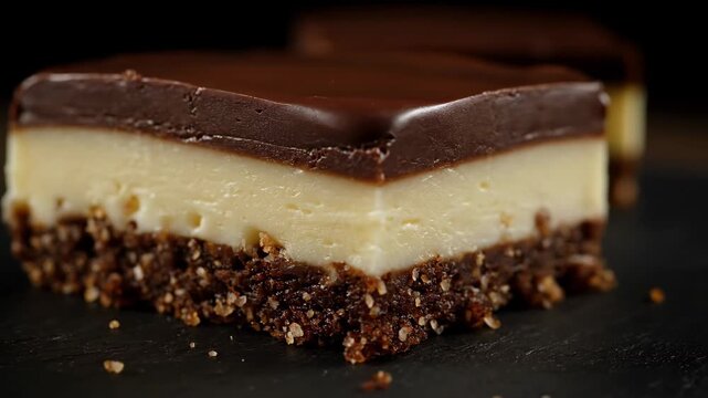 Dessert bar with chocolate ganache and vanilla cream layer on a cookie crumble base for baked treats