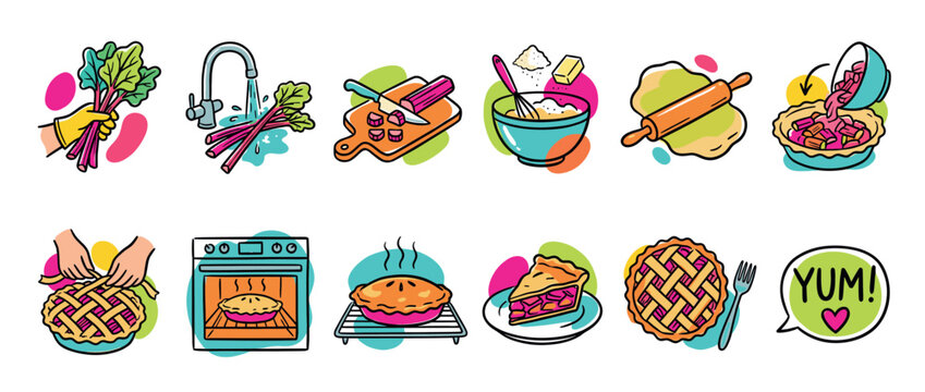 Rhubarb pie recipe infographic icon set showing the step-by-step cooking and baking process from fresh vegetable to delicious homemade dessert in a vibrant cartoon style