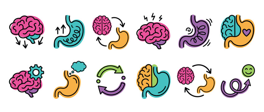 Colorful icon set of brain and stomach illustrations representing the gut-brain axis, mental health, digestion, and emotional well-being in a simple line art style
