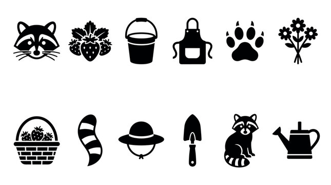 Set of twelve black graphic icons depicting a cute raccoon, gardening equipment, and farm elements like strawberries, a paw print, and flowers in a simple, minimalist vector illustration