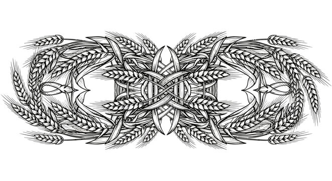 Intricate black and white wheat design.