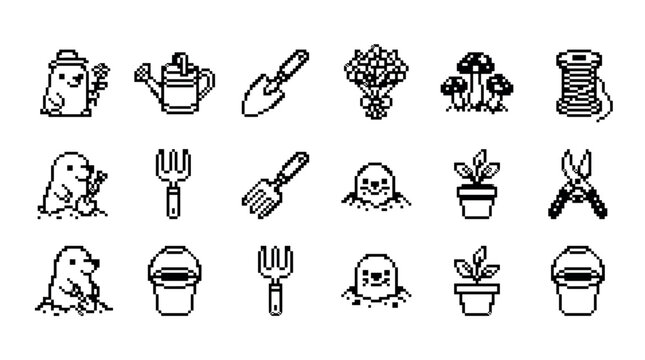 Set of black pixel art gardening icons featuring a cute mole character, watering can, trowel, flowers, mushrooms, and other garden tools in a retro 8-bit video game style