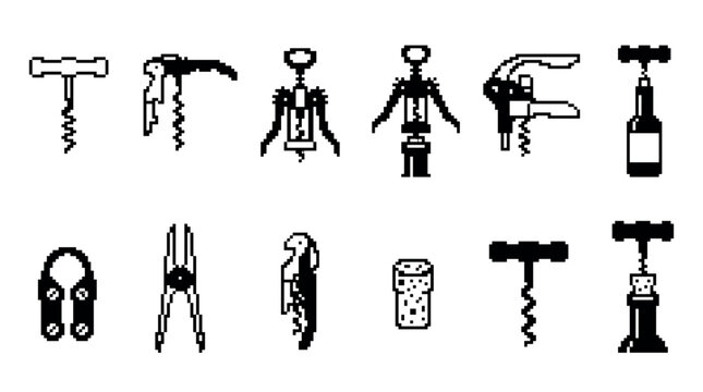 Corkscrew and wine opener pixel art icons in a minimalist black and white style, featuring various designs like wing, waiter's friend, and T-style tools for opening bottles