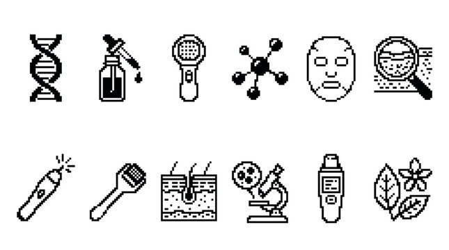 Pixel art icon set for cosmetology and dermatology featuring skincare tools, scientific symbols, and beauty treatments in a minimalist black and white 8-bit graphic style