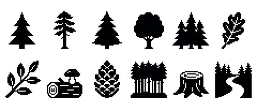 Set of black pixel art icons depicting various forest and nature elements like trees, leaves, a mushroom, and a pinecone in a minimalist 8-bit retro video game style