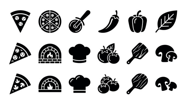 Set of black pizza making icons in a simple glyph style, including a slice, oven, cutter, chef hat, tomato, pepper, and mushroom for a pizzeria or restaurant menu