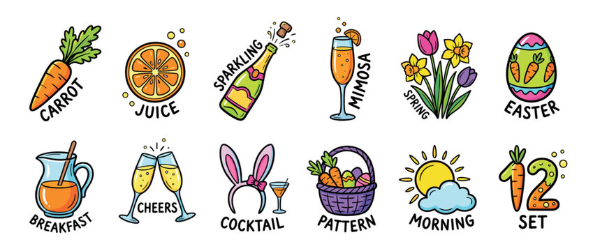 Colorful hand-drawn set of twelve Easter icons featuring a mimosa cocktail, sparkling wine, breakfast juice, spring flowers, a decorated egg, and a basket for a festive holiday brunch