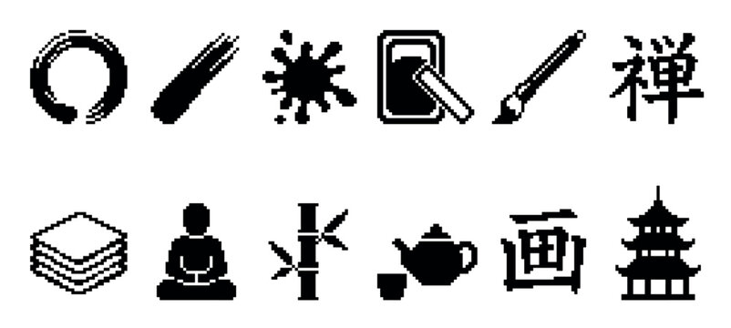 Set of black pixel art icons representing Japanese culture, Zen, and calligraphy, featuring symbols like enso, pagoda, and kanji in a retro 8-bit video game style