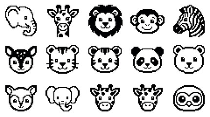 Fototapeta premium Set of cute pixel art animal faces featuring a lion, elephant, giraffe, and tiger in a simple black and white 8-bit retro video game style collection of icons