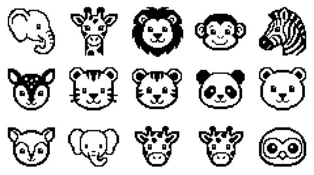 Set of cute pixel art animal faces featuring a lion, elephant, giraffe, and tiger in a simple black and white 8-bit retro video game style collection of icons