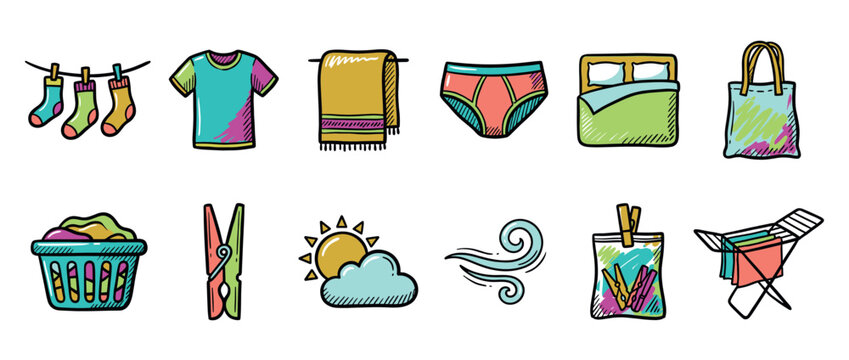 Colorful set of hand-drawn laundry icons in a doodle style, featuring a clothesline, t-shirt, basket, clothespins, and drying rack for various domestic chore concepts