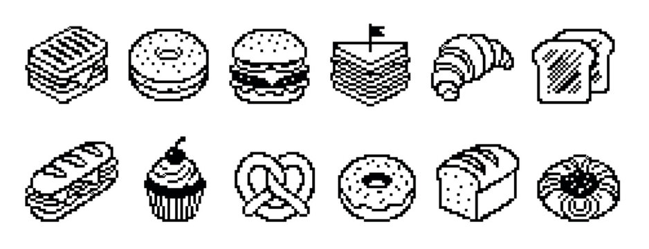 Set of black and white pixel art food icons featuring a sandwich, burger, donut, and pretzel in a retro 8-bit video game style graphic illustration collection for digital design
