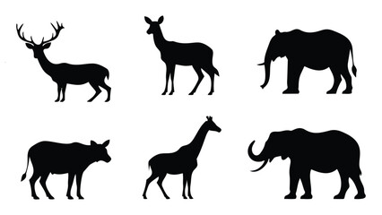 Fototapeta premium Animal silhouette vector set featuring farm and wild animals including horse, dog, deer, elephant, cat, cow, goat, giraffe, wolf and more