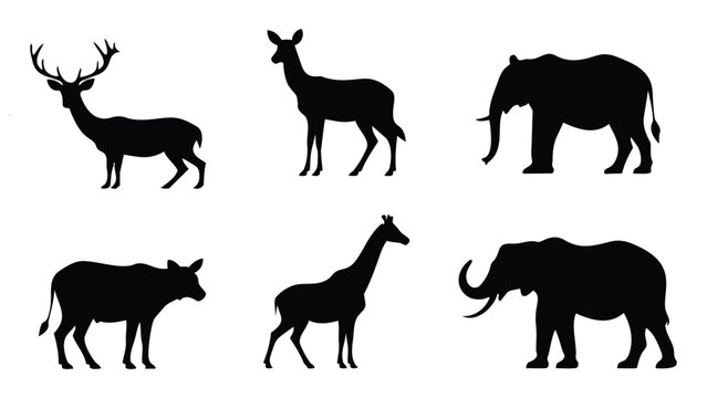 Animal silhouette vector set featuring farm and wild animals including horse, dog, deer, elephant, cat, cow, goat, giraffe, wolf and more