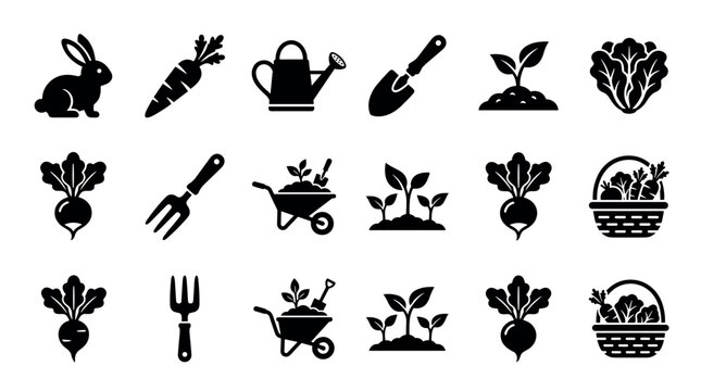 Set of black gardening and farming icons featuring a rabbit, carrot, watering can, trowel, sprout, and beet in a simple glyph style for agriculture and horticulture concepts
