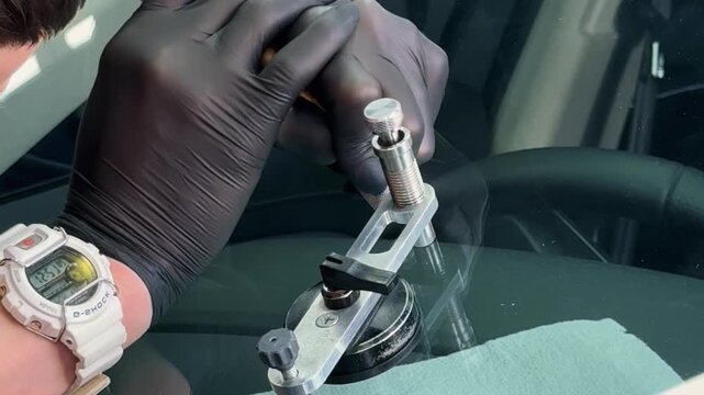 Windshield repair. Repair of a chip on the windshield of a car. Mounted windshield repair bridge holds resin applicators securely over the crack. Bridge tool for injecting resin in damaged windshield.