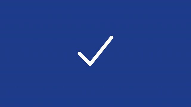A simple blue background features a prominent white check mark, symbolizing approval or completion
