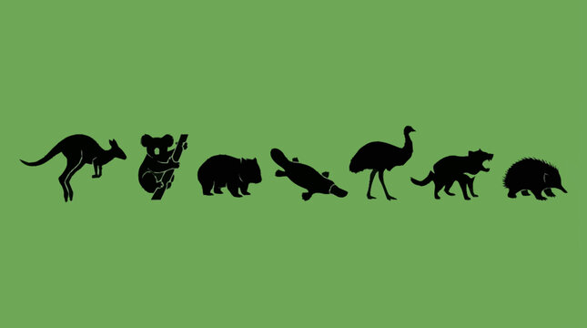 Silhouettes of iconic Australian animals displayed in a line against a green background.