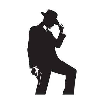 Man in suit tipping hat holding gun silhouette male