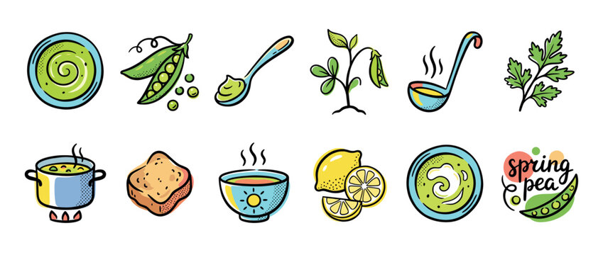 Colorful set of hand-drawn illustrations showing the process of making green pea soup, with icons of pea pods, a cooking pot, bowls, lemon, bread, and herbs in a charming doodle style