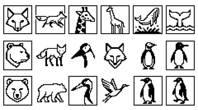 Black and white pixel art animal icon set with various creatures like a fox, bear, giraffe, whale, and penguin, rendered in a minimalist 8-bit retro gaming aesthetic