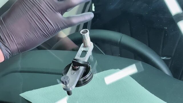Windshield repair. Repair of a chip on the windshield of a car. Mounted windshield repair bridge holds resin applicators securely over the crack. Bridge tool for injecting resin in damaged windshield.