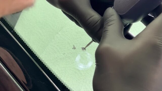 Windshield repair. Repair of a chip on the windshield of a car. Mounted windshield repair bridge holds resin applicators securely over the crack. Bridge tool for injecting resin in damaged windshield.
