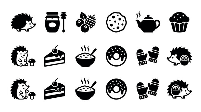 Collection of black silhouette icons featuring a cute hedgehog, cozy food, and winter items like mittens, a teapot, cake, berries, and a donut in a simple flat vector style